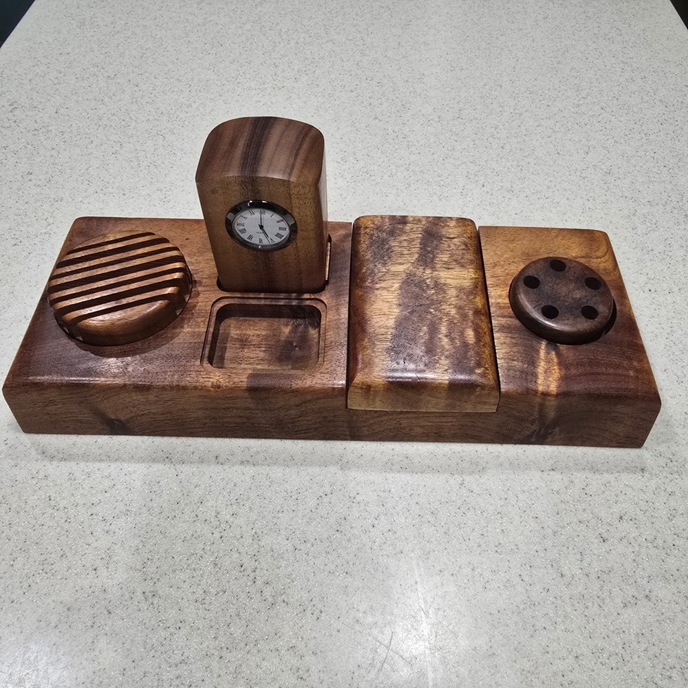 Evergreen Custom Woodworking Wooden Desk Organizer Set with Clock Brown Office